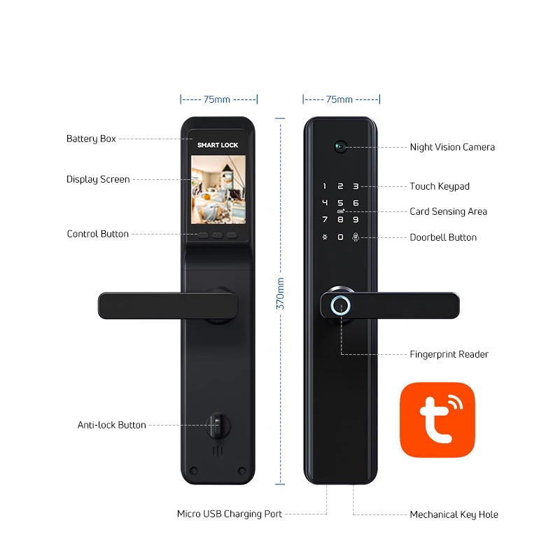 Security Keyless luxury Fingerprint Smart Door Lock Tuya Wifi Camera Anti theft Digital Home main Cat Eye door lock