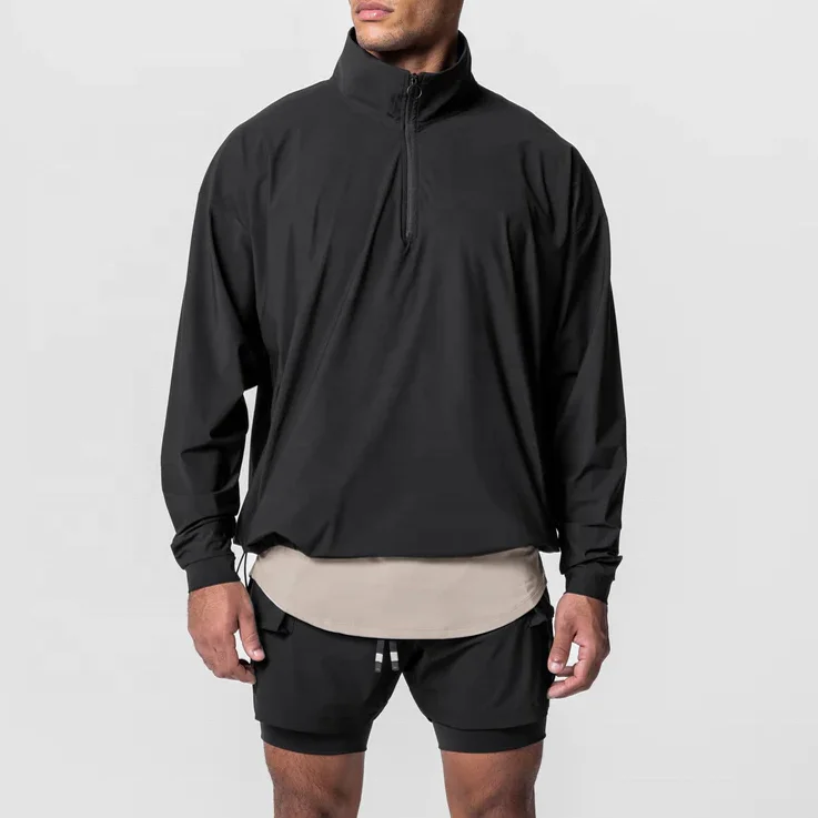 Water-resistant Quarter Zip Stand Collar Lightweight Hoodies With Front Pockets  Adjustable Elastic Hem Design Sweatshirt