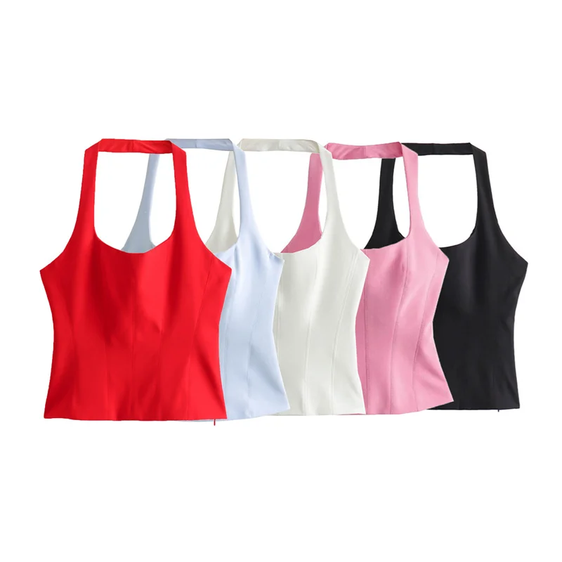 TAOP&ZA Spring New 2024 Hot Girl Pure Desire Pink Halter Collar Slim Camisole Top Women White Pink 4661007