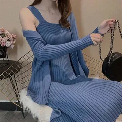 Spring Knitted Cardigans Spaghetti Strap Sweater Dress For Women 2 Piece Set Clothing