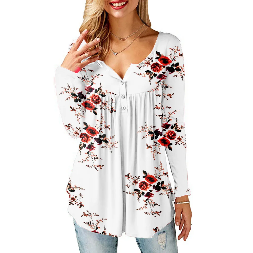 Amazon supplier OMJ OEM plus size casual floral print long sleeves shirts front buttons placket women blouse t shirt