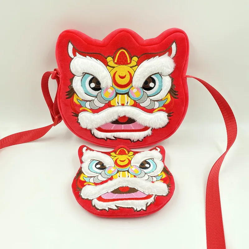 Cartoon Chinese lion dance plush animal shoulders school bag fashion cartoon pet kids plush backpack schoolbag for kids women