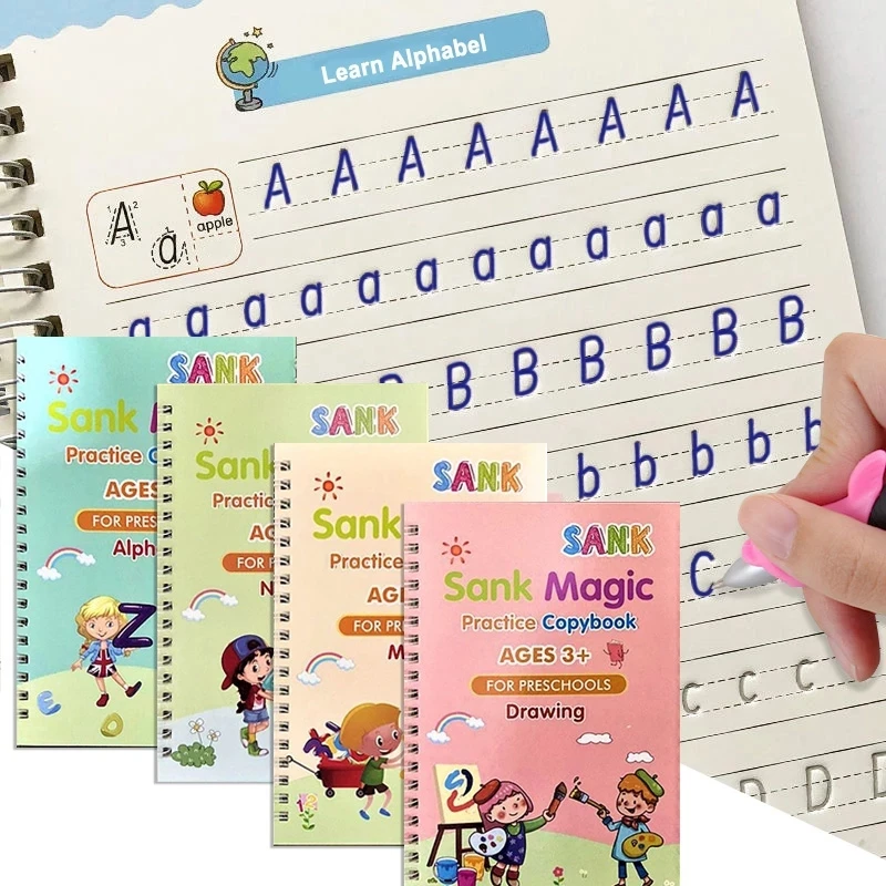Книга для обучения магии, детская игрушка для письма, наклейка на английском языке, тетрадь для каллиграфии, игрушки Монтессори, 4 книги и ручка