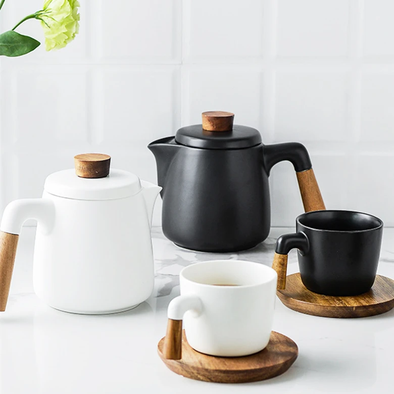 
stock goods White black Ceramic Coffee Set Porcelain Wood handle Tea Set Water Cup with Wooden saucer pot 
