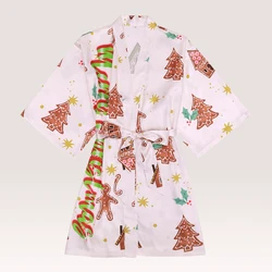 2022 Free size christmas tree pattern designs lounge wear three quarters sleeve satin silky christmas short robe for adult women