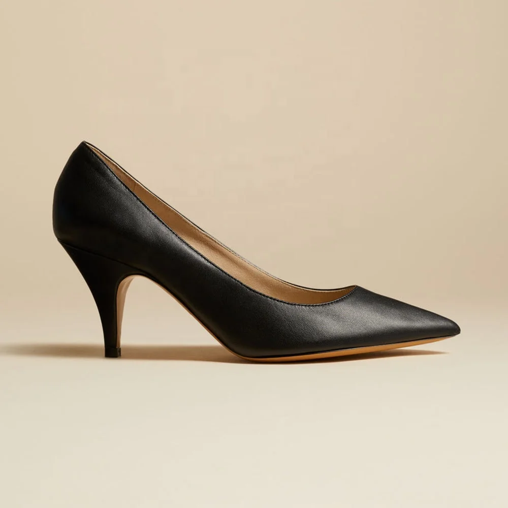 Formal Business Classy Ladies Low Work Mid Heel Office Genuine Leather Pumps High Kitten Heels Shoes Women Large Sizes