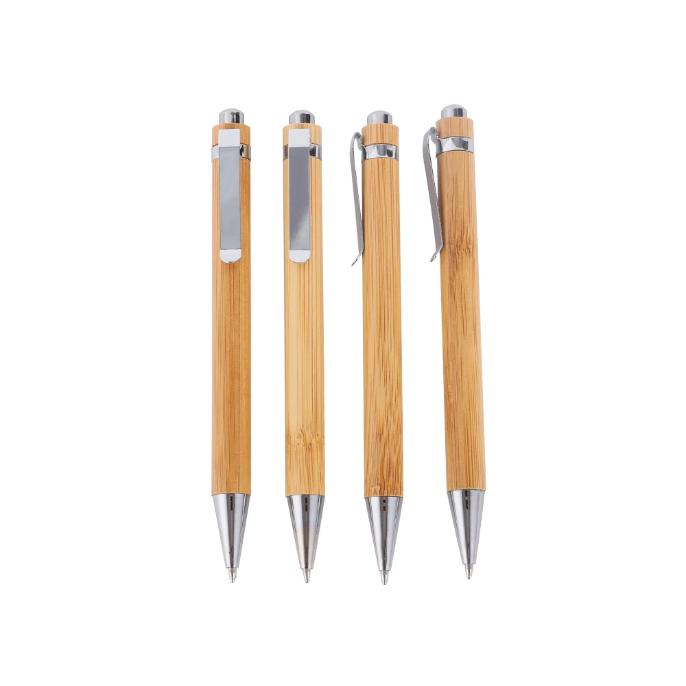 Customized School Office Use Ecofriendly Retractable Bamboo Pen with Metal Clip