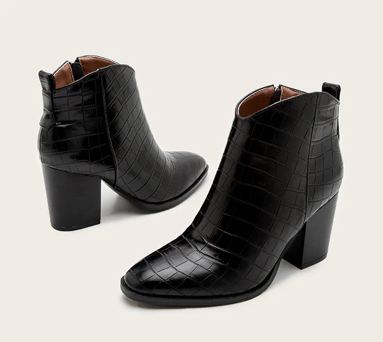 2024 new retro elegant custom leather boots anti-slip short heels crocodile pattern ladies martins