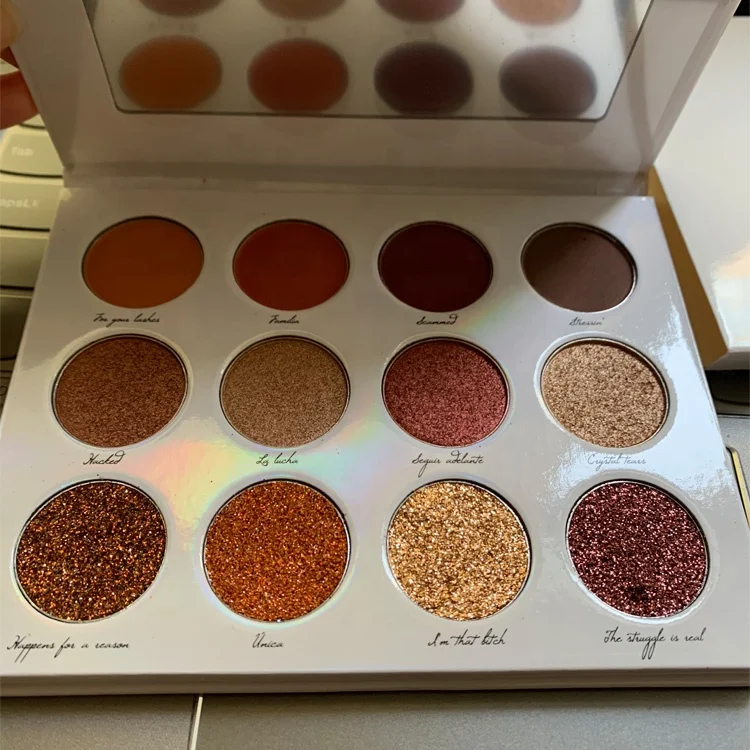12 цветов, белые голографические пустые часы в коробке, темные веганские высокопигментные тени для век с фирменной этикеткой