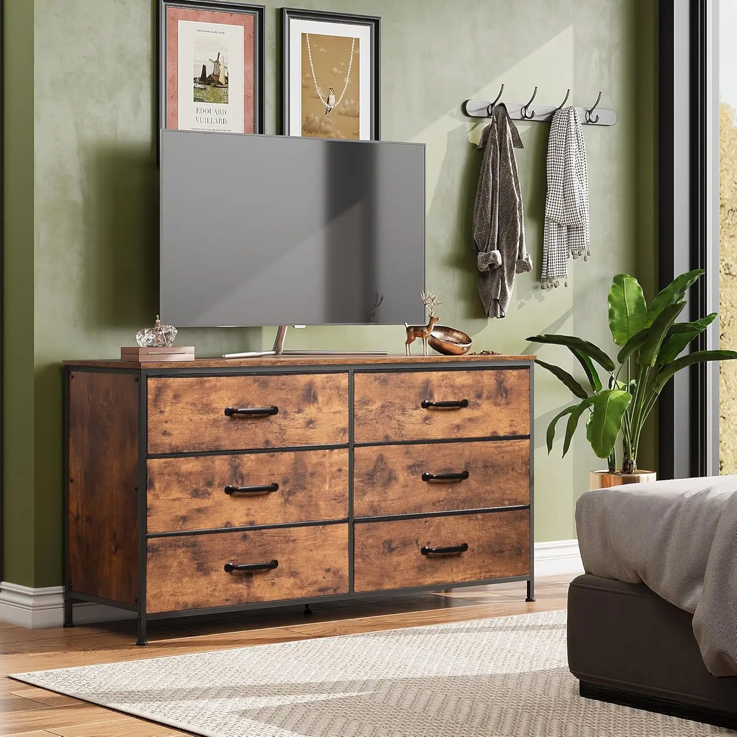 Dresser with 6 Drawers Dresser For Bedroom Living Room TV Stand Sturdy Steel Frame with Wooden Top Large Storage Drawer