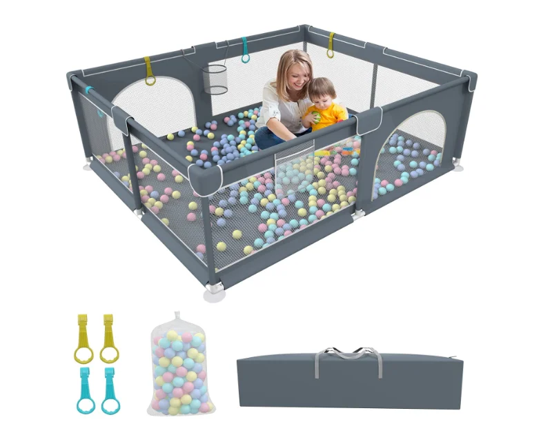 Anti-Slip Design Zipper Gates Baby Playpen Visible Mesh Hand Rings Kids Playard Activity Center Baby Playpen With Mat