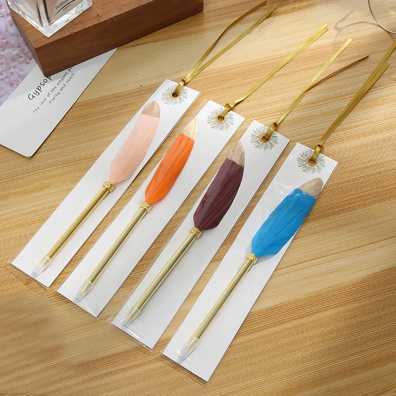 Popular portable Pink / Blue / orange / Burgundy optional private signature peacock feather ballpoint pen