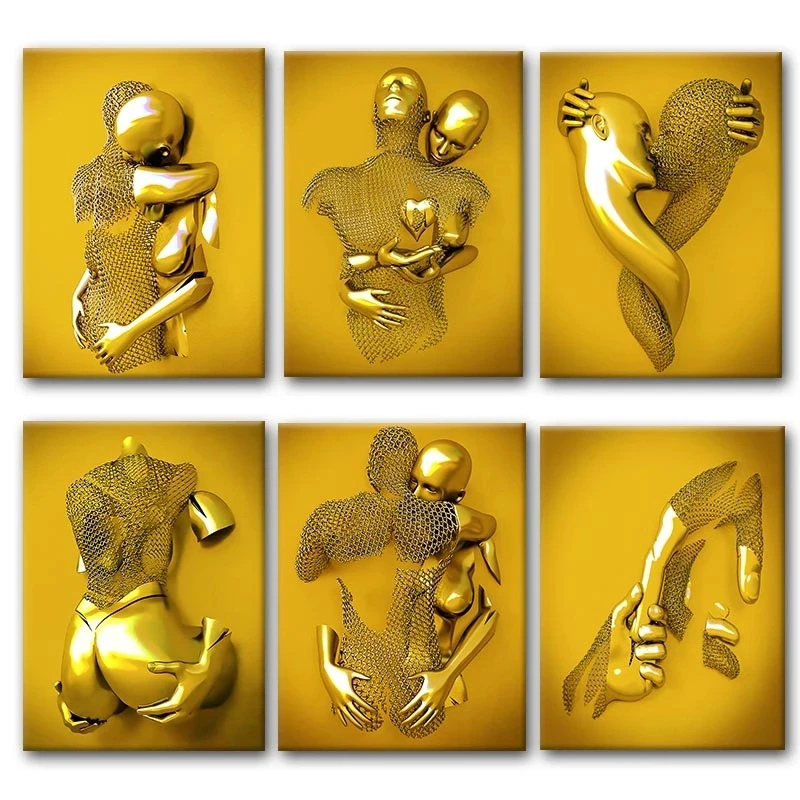Modern Living Room Decor Golden Couple Lovers Metal Figure Statue Paintings Posters  Prints Pictures modern art statue