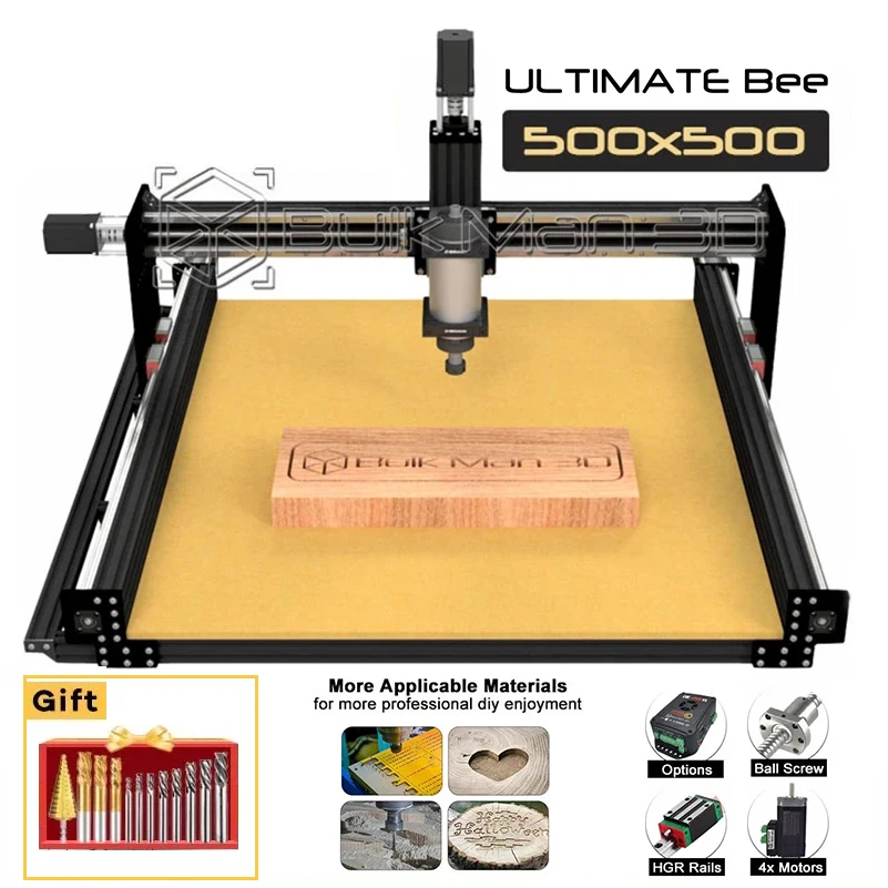 Black 500x500mm ULTIMATE Bee CNC Router Machine Full Kit Ball Screw Quiet Transmission BulkMan 3D