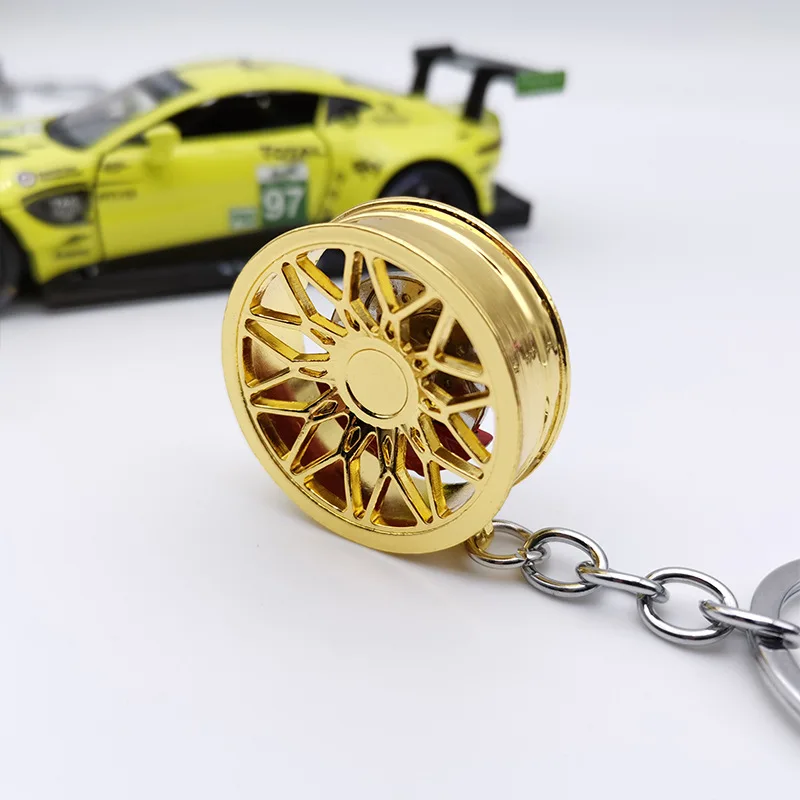 Creative Wheel Hub Keychain TE37 BBS Auto Part Model Rim Tyre with Brake Disc Key Chain 3D Rotating Car Keyring Accessories
