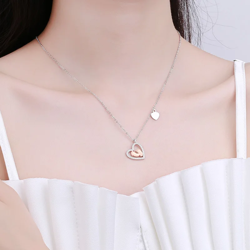 S925 heart sterling silver baby footprint love necklace pendant clavicle neck chain for women