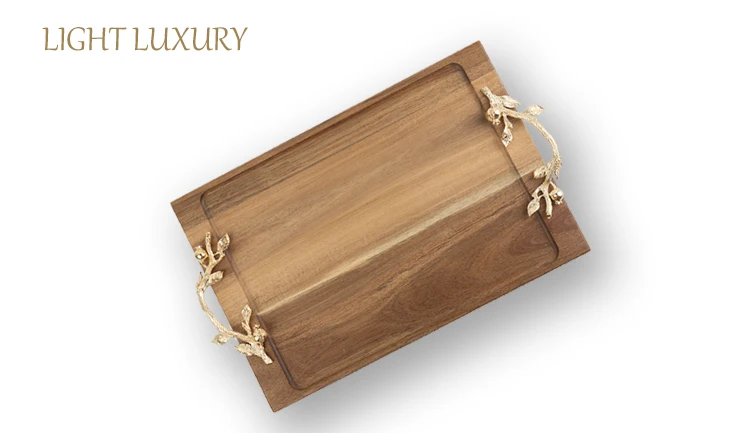 Wholesale Acacia Wood Food Serving Trays with Handle Fruit Steak Platter for Breakfast in Bed Rustic Wooden Tray