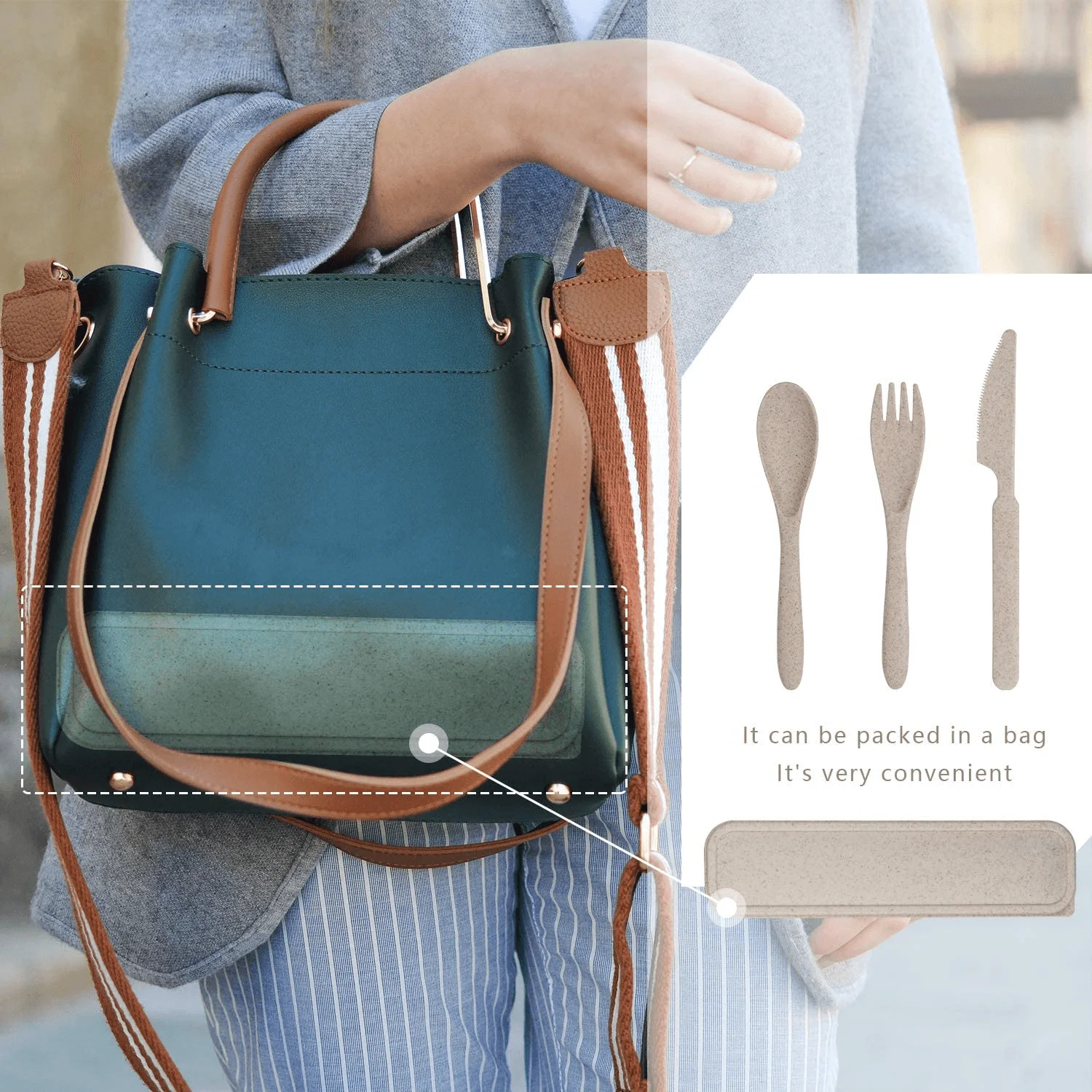 
Cheap Reusable Eco Friendly Wheat Straw Fiber Travel Cutlery Set Fork Spoon Knife Flatware Set 