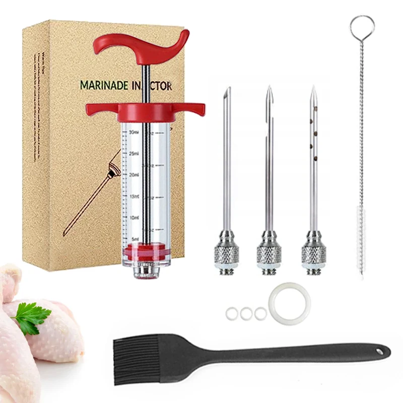 Stainless Steel 3 Needles Porous Syringe Flavor Turkey Injectors Meat Marinade Injector Set with brush