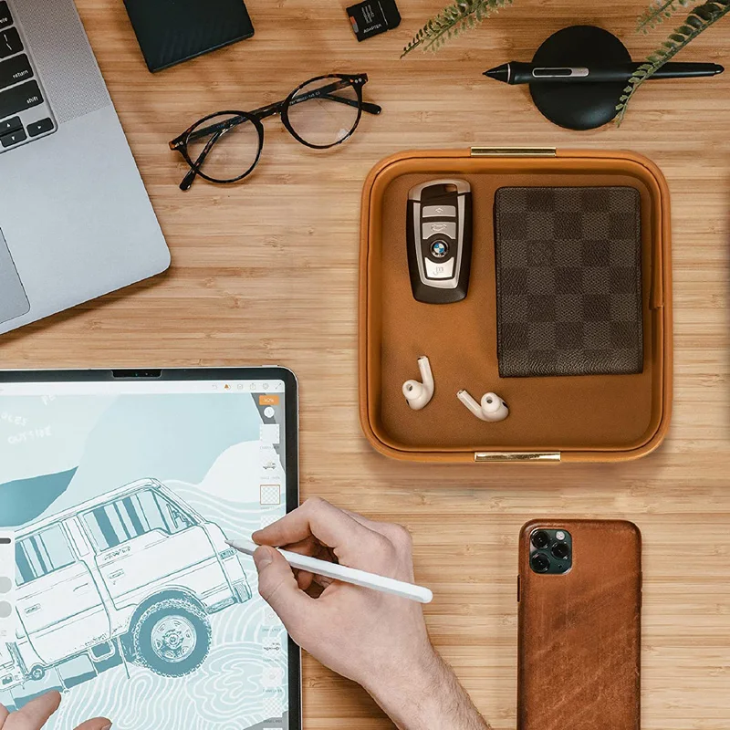 Custom Leather Desktop Storage Tray Luxury Leather Tray Multifunctional Jewelry Tray For Key Phone Wallet Coin Change Stationery