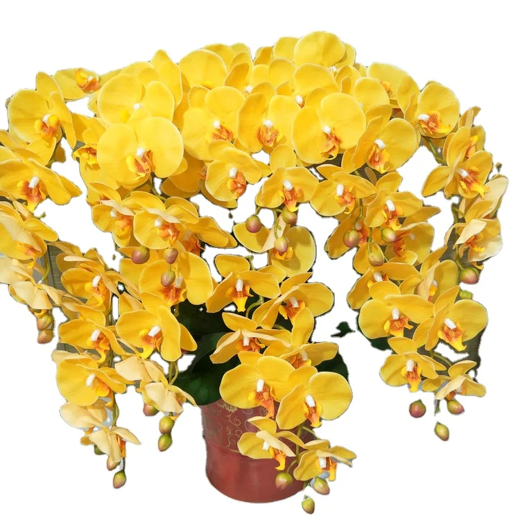 2024 Hot Sale Artificial Butterfly Orchid Yellow Flowers Arrangement 9 Heads Real Touch Artificial Phalaenopsis Orchid