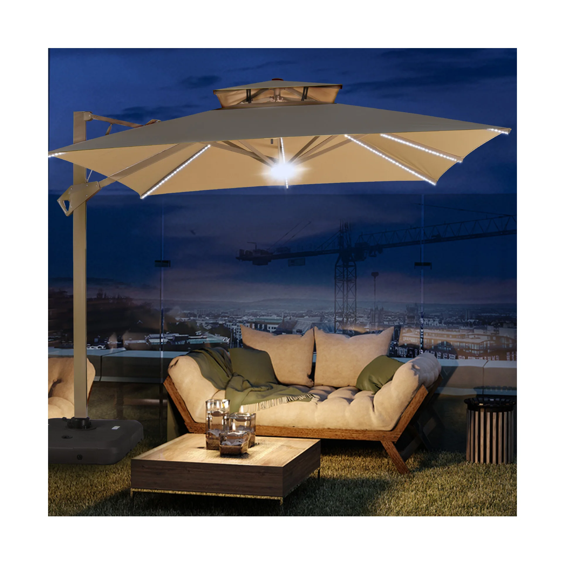 Single/Double Top Patio Umbrella Supplier Strong Wind Resist Sunshade Hydraulic Cantilever Umbrella With LED Light