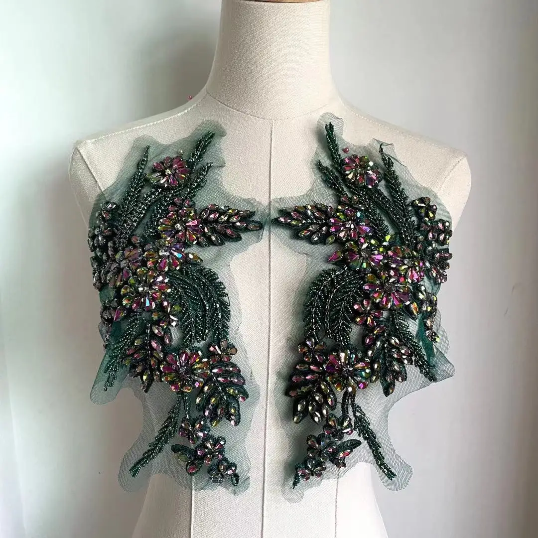 Silver Heavily Crystal Flower Patches Rhinestone Applique Embroidery Beaded Sewing Appliques for garment accessories