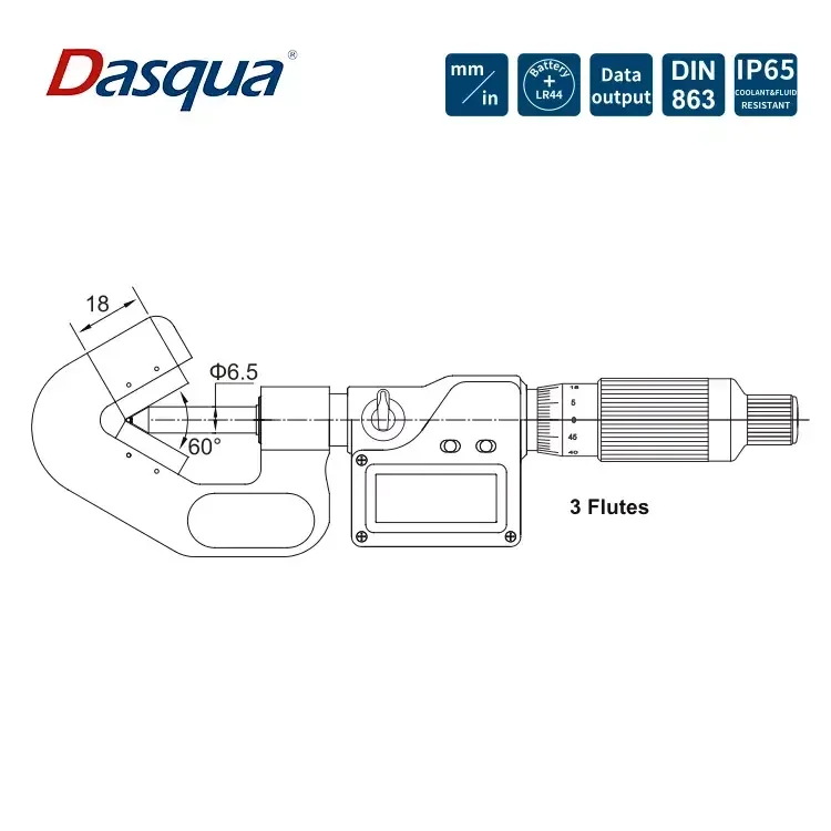 Dasqua High Quality 1-15 mm 5-20 mm 20-35 mm 0.01 Graduation 3 Flutes and 5 Flutes Digital V Anvil Micrometer Measuring Tool