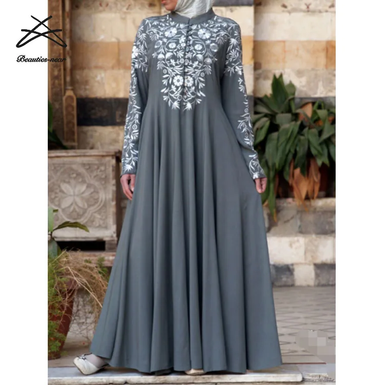 Plus Size Hot Design Ladies Yiwu New Style Turkish Long Sleeve Loose Maxi Printed Abaya Women Muslim Dress