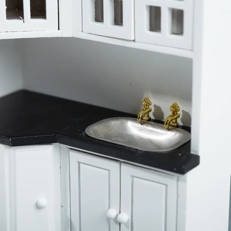 Mini Dollhouse Wooden Wash Basin Cabinet Miniature Furniture Realistic Kitchen Sink for Doll House Bathroom Kitchen Decor