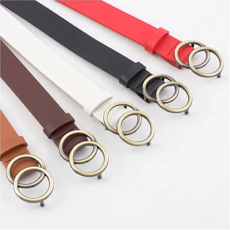 
Women Faux Leather Waist Belt For Jeans Pants Double O Ring Pearl Gold Buckle Ladies Belt For Dresses Black White Wild Waistband 