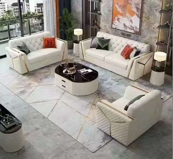 Luxury Leather Sofa Modern American Pull Button Sofa Combination Living Room Villa Stainless Steel Armrest Sofa Set