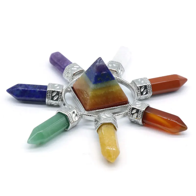 Seven chakras natural gemstones crystal pyramid with crystal point energy collecting reki healing crystal