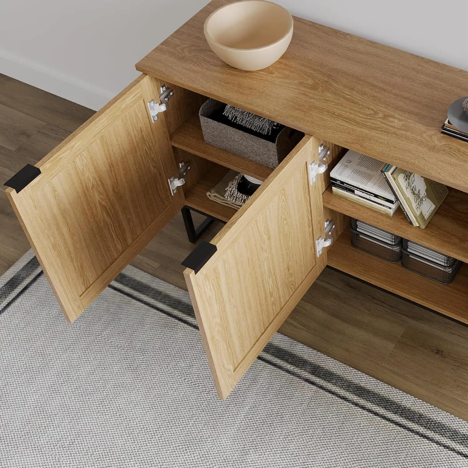 Oak Sideboard Buffet Cabinet, Accent Storage Cabinet with 3 Rattan Doors, Modern Storage Console Table