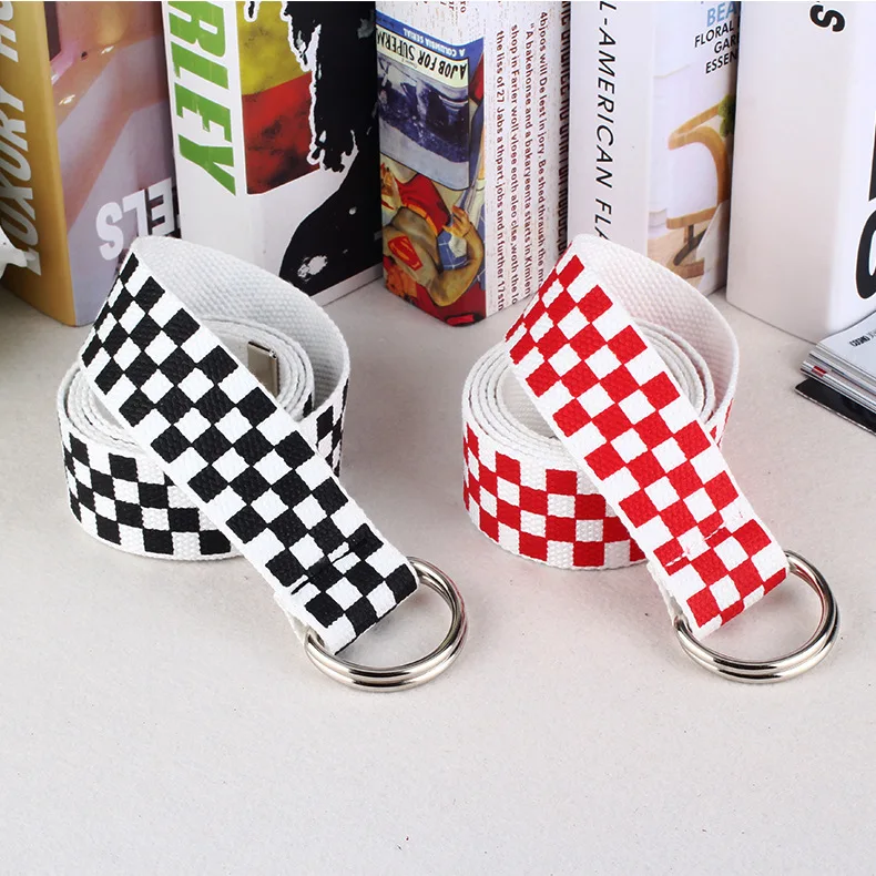 Chinber Fashion Black Red Plaid Pattern Double D Ring Canvas Waist Belts