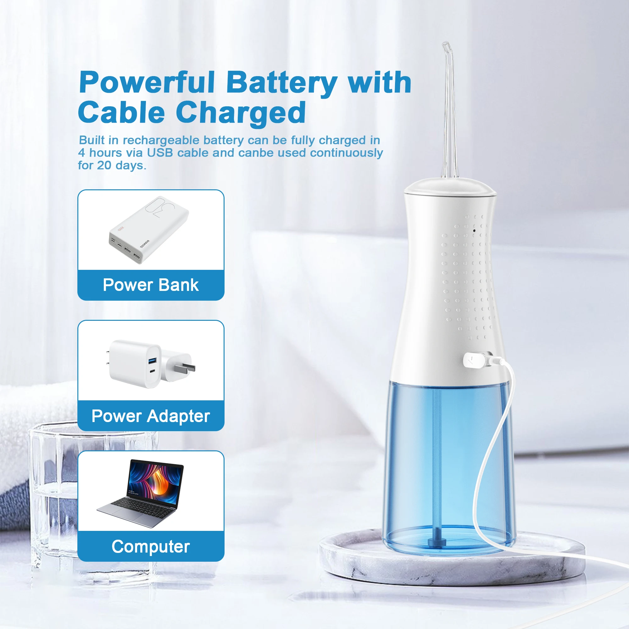 Cordless Portable Oral Irrigator Oral Cleaning 4 Nozzle Types 4 Cleaning Modes Water Flosser, 300ml Water Tank, IPX7 Waterproof