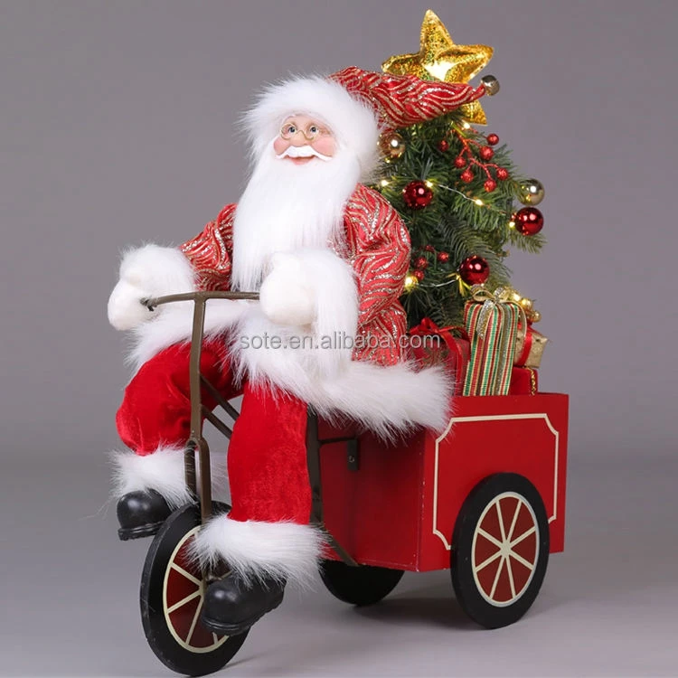 50cm LED Santa Claus Plush Toy Sitting On Sled Christmas Figurines With Gift Bags Red Tricycle Cycling Santa Claus Sleigh