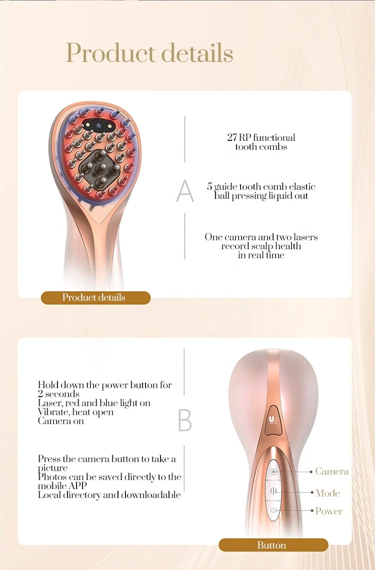 New Product Ideas 2024 App Visible Hair Scalp Massage Comb LED Red Blue Light Laser Hair Growth Comb Brush With Camera