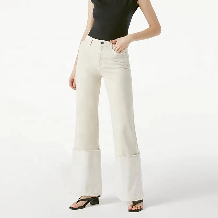 Latest Custom Design Winter Ladies Vintage White Denim Wide Leg Pants High Waist Women Flared Jeans