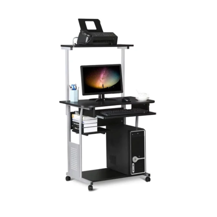 3 Tiers Rolling Computer Desk with Keyboard Tray and Printer Shelf for Home Office, Mobile Computer Desk