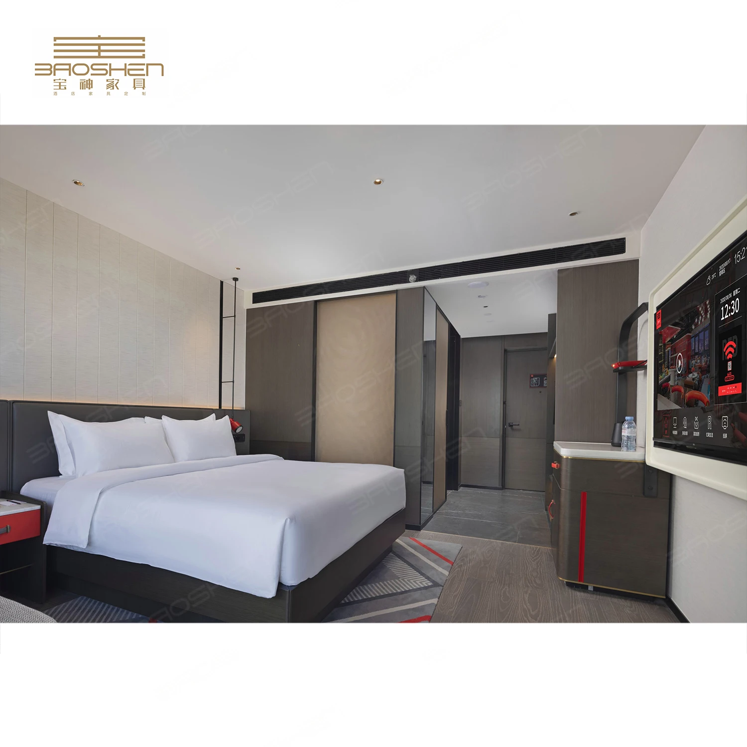 Solid Wood Hotel Room Furniture Paneling Bed Furniture Bedroom Set Wooden Top Wood Hotel Modern Panel Bedroom for 5 Star