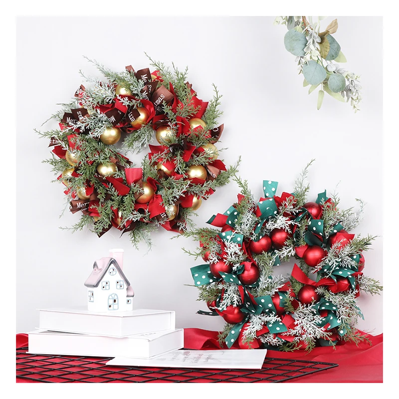 Hot Sale Christmas Wreath with Plastic balls decoration and Ribbon Christmas Wreaths PE Wreath