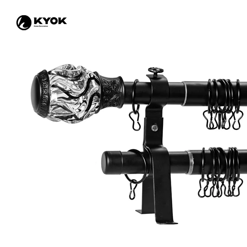 KYOK home decoration extendable curtain poles 2m 3m metal window curtain poles telescoping curtain rod with glass finial D910