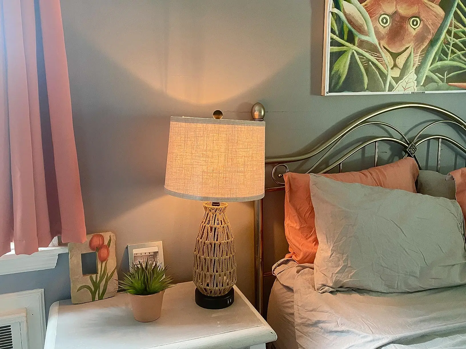 Rattan Table Lamps with 2 USB Ports Bedside Lamps 26 inch Tall Farmhouse Cream Fabric Shade Desk Lamp