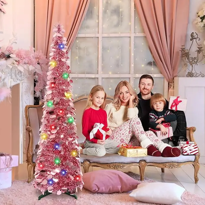 Ourwarm New Arrival PVC Flocked Snowflake Foldable Telescopic Christmas Tree Pop-up LED Christmas Tree