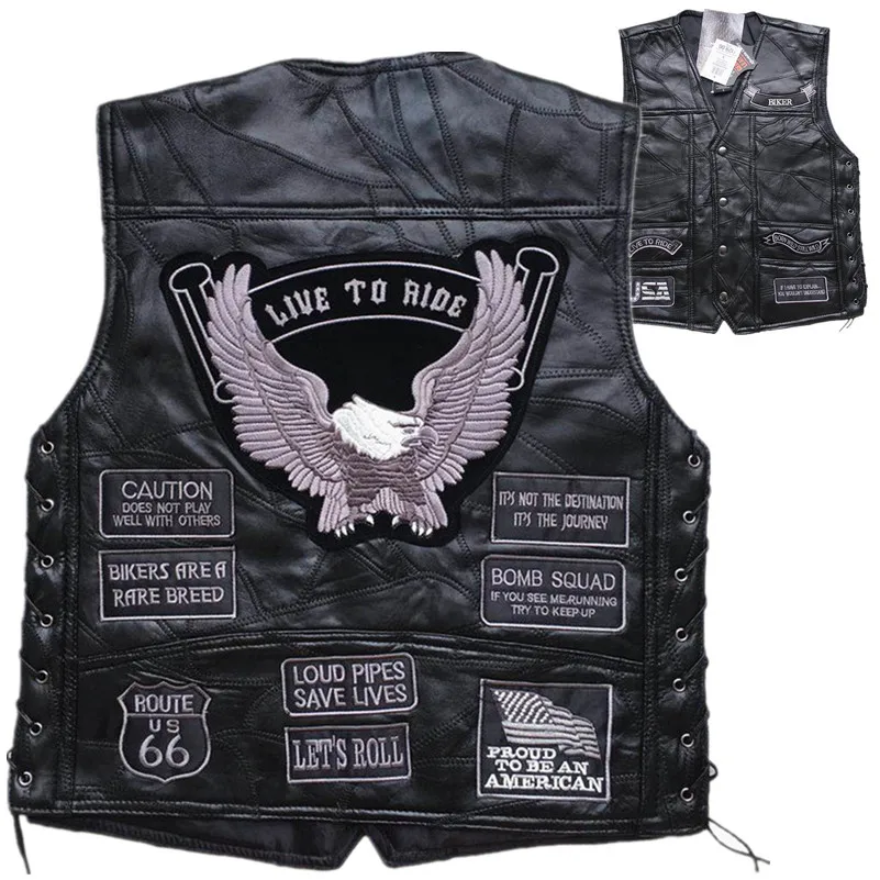 2019 Mens Eagle Patch Black Genuine leather Motorcycle Vest Vintage US Flag Sheepskin Sleeveless Biker Jackets Gray Patch