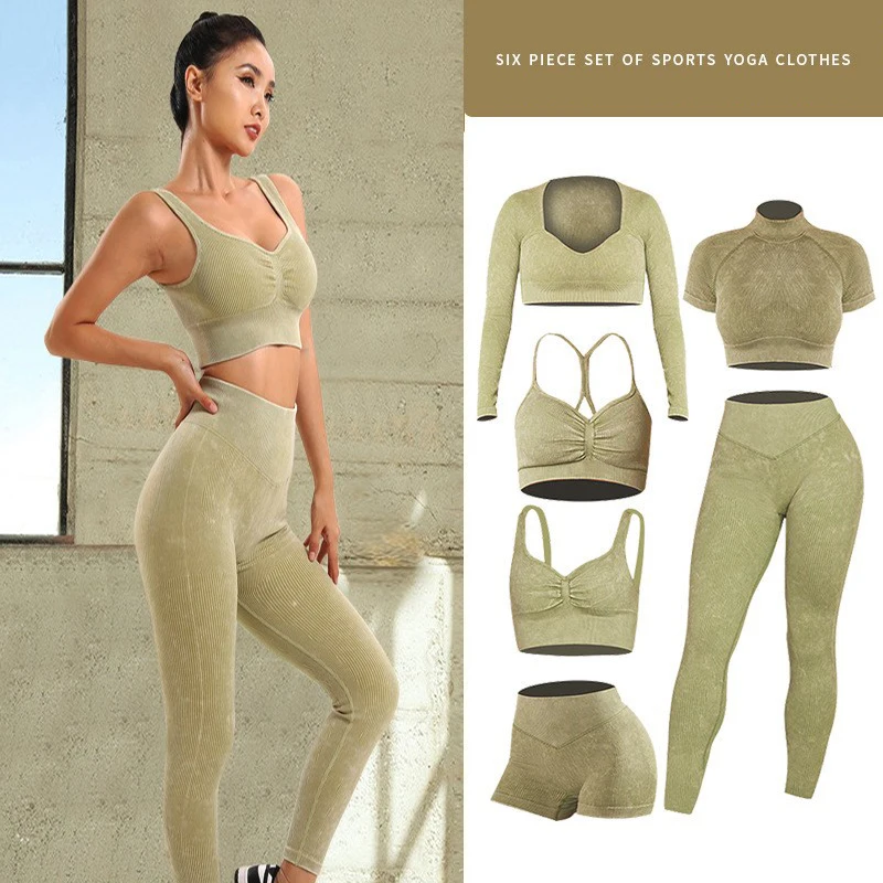 FLW Custom Acid Wash Gym Clothing Conjunto De Yoga Sport Workout Clothing Seamless Yoga Set for Women