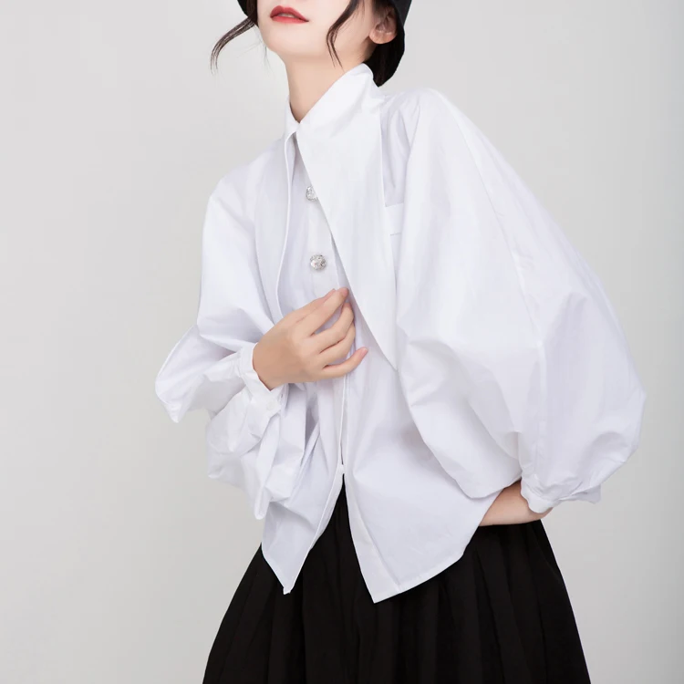 High Quality Autumn Retro Loose Lantern Sleeve Gemstone Bright Rhinestone Long Collar White Shirt