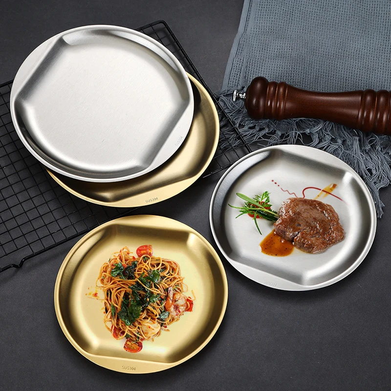 High Quality 304 Stainless Steel Dinner Plates Gold Metal Salad Snack Dish Kitchen Food Serving Platter