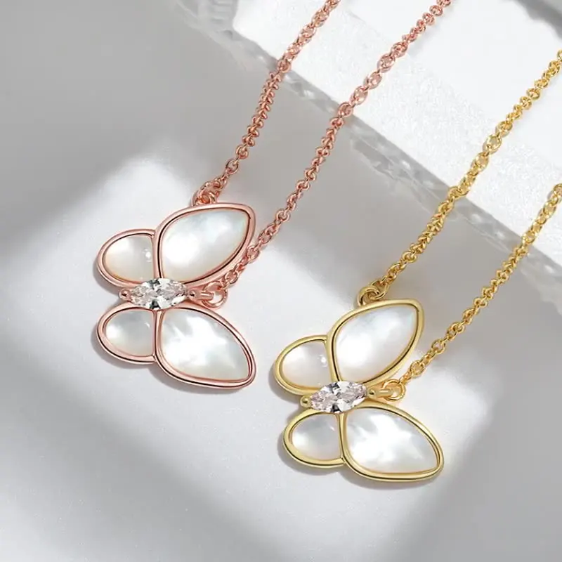 New Trendy Rose Gold Plated S925 Sterling Silver Butterfly Necklace S925 Cubic Zirconia Opal Butterfly Pendant Necklace